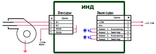 Рис.1. Схема подключения датчика пламени ИНД-2