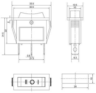 Рис.1. Габариты клавишного переключателя KCD3-103